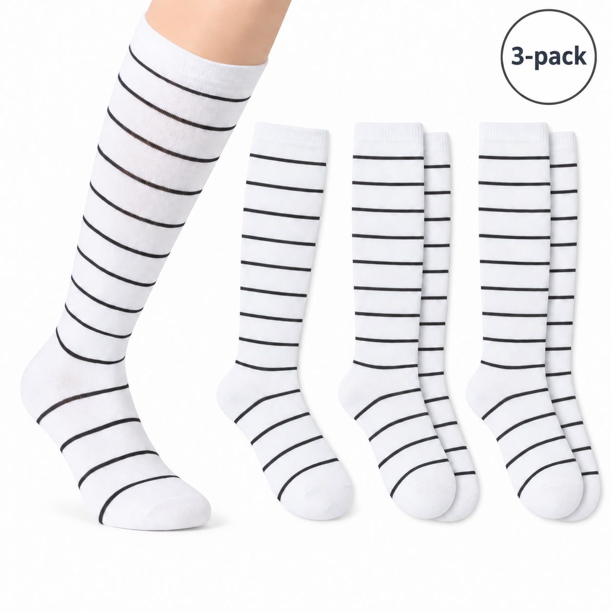 Randiga stödstrumpor med smala ränder, 3-pack